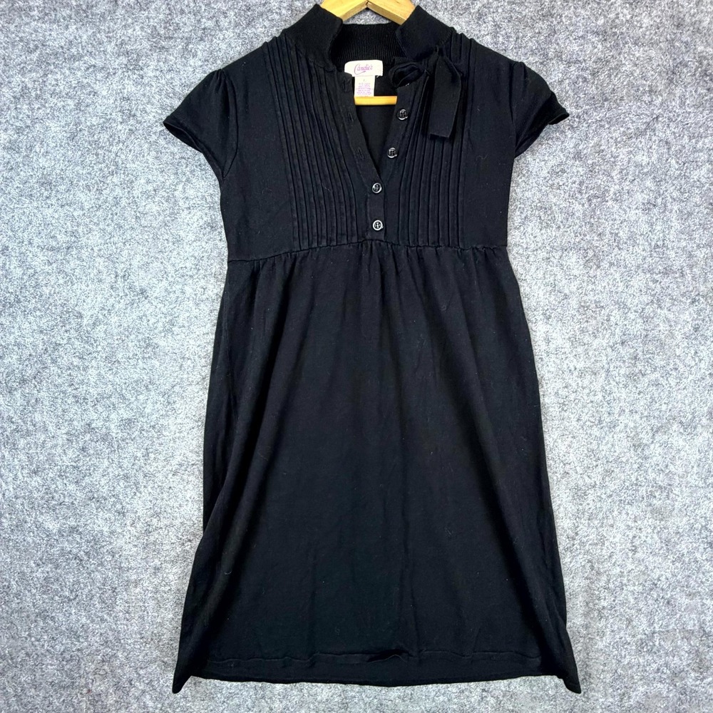 Candie's Knit Dress Womens L Black 90s Babydoll Y2K Neck Bow Skater Grunge